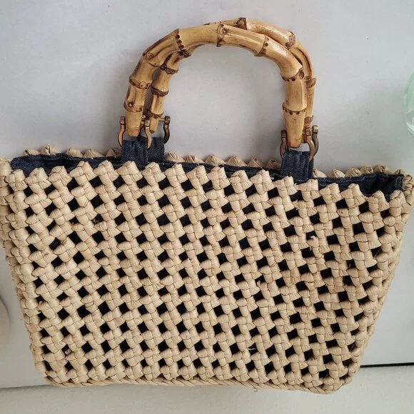 Vintage Raffia Woven Handbag Denim Lining Bamboo Handles - Picture 4 of 10